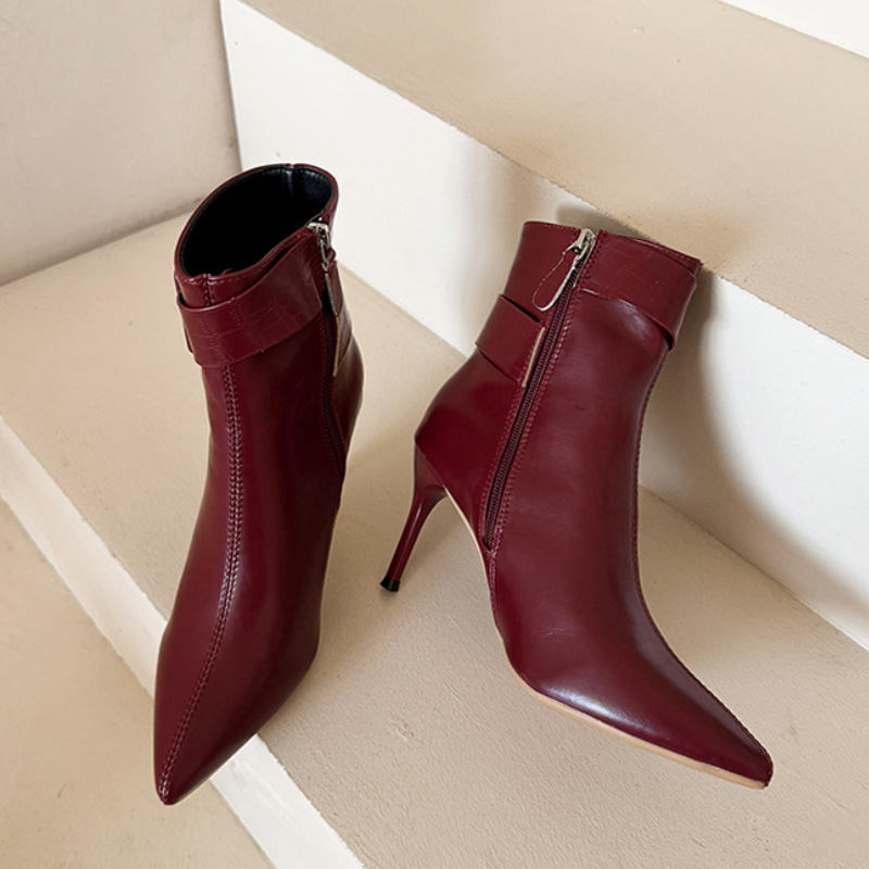 Shoeswoon Croc Embossed Strap Decor Pointed Slim High Heel Ankle Boots