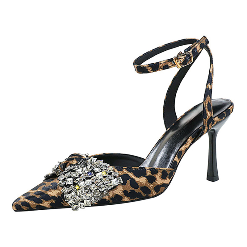 Shoeswoon Satin Rhinestone Bow Ankle Strap Slingback Pointed Toe Stiletto Heels