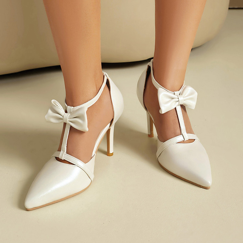 Shoeswoon T‑Strap Bow Ankle Strap Pointed Toe Stiletto Wedding Pumps