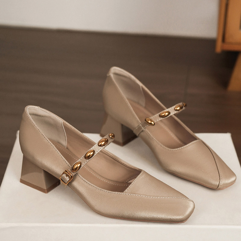 Shoeswoon Gold Metal Bead Strap Square Toe Block Heel Mary Jane Pumps