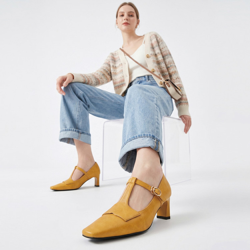 Shoeswoon Vintage T‑Strap Square Toe Block Heel Mary Jane Pumps