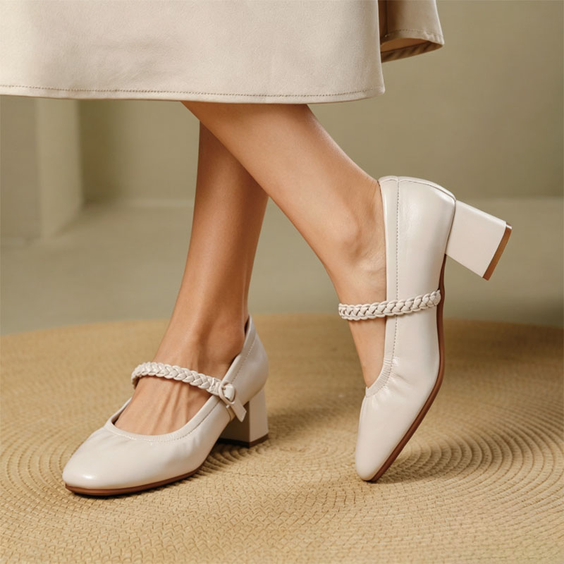 Shoeswoon Soft Pleated Upper Mary Janes Braided Buckle Strap Low Block Heel Shoes