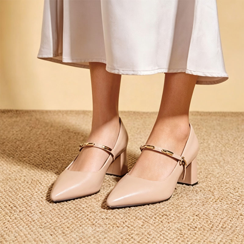 Shoeswoon Pointed‑Toe Mary Jane Pumps Minimal Metal‑Accent Strap Heels