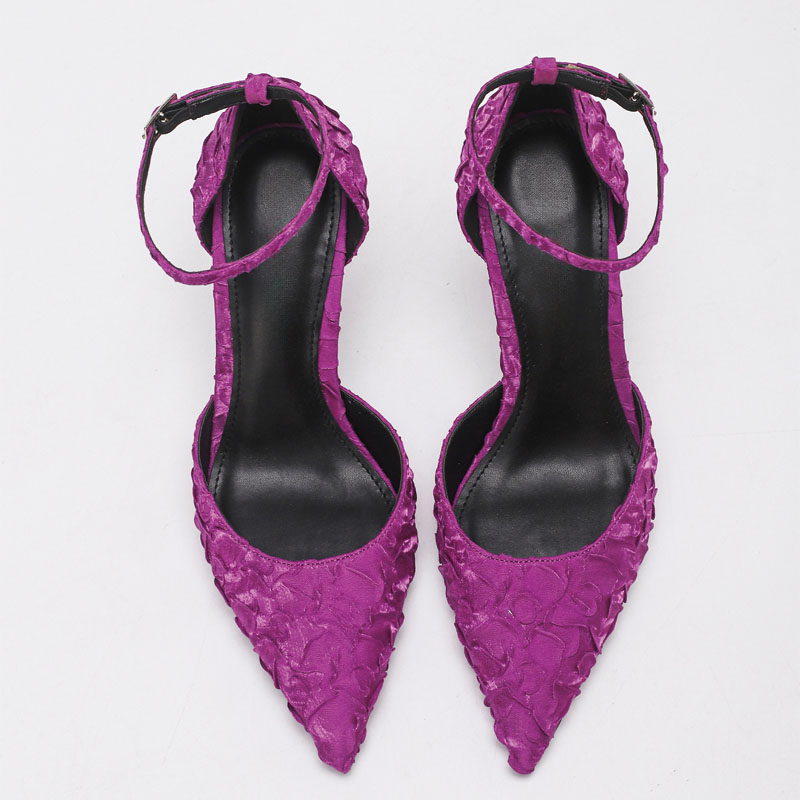 Shoeswoon Textured Lace Pointed Toe Ankle Strap Slingback Stiletto Pumps