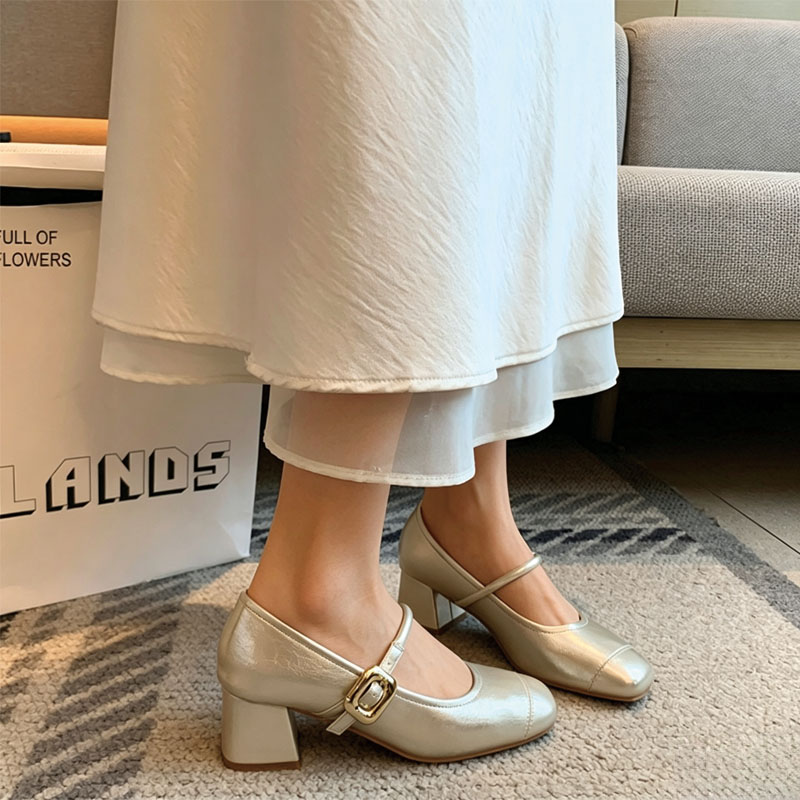 Shoeswoon Metal Buckle Square Toe Block Heel Mary Jane Pumps