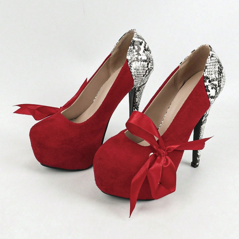 Shoeswoon Satin Bow Platform Stiletto Pumps Snake Print Splicing Round Toe Lace‑Up High Heels