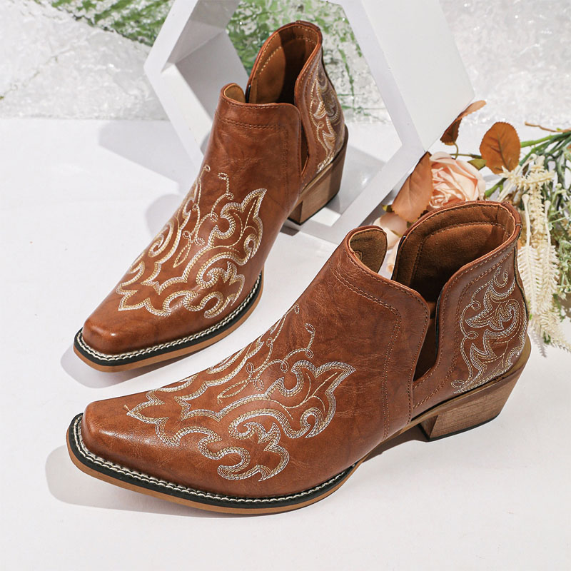 Shoeswoon Embroidery Western Ankle Booties Cut‑Out Stacked Block Heel