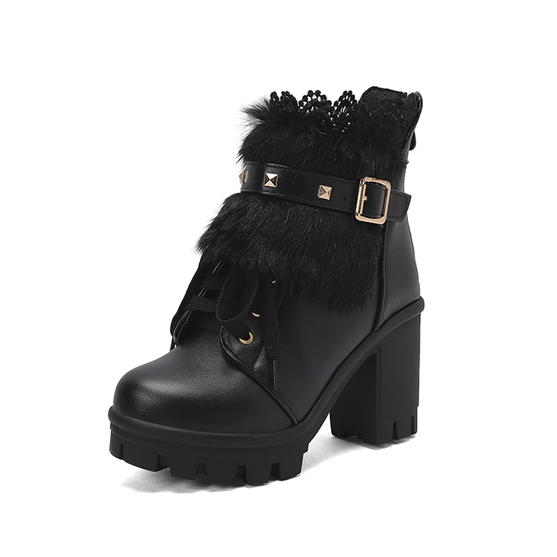 Shoeswoon Studded Buckle Fur Trim Ankle Booties Lace‑Up Platform Block Heel