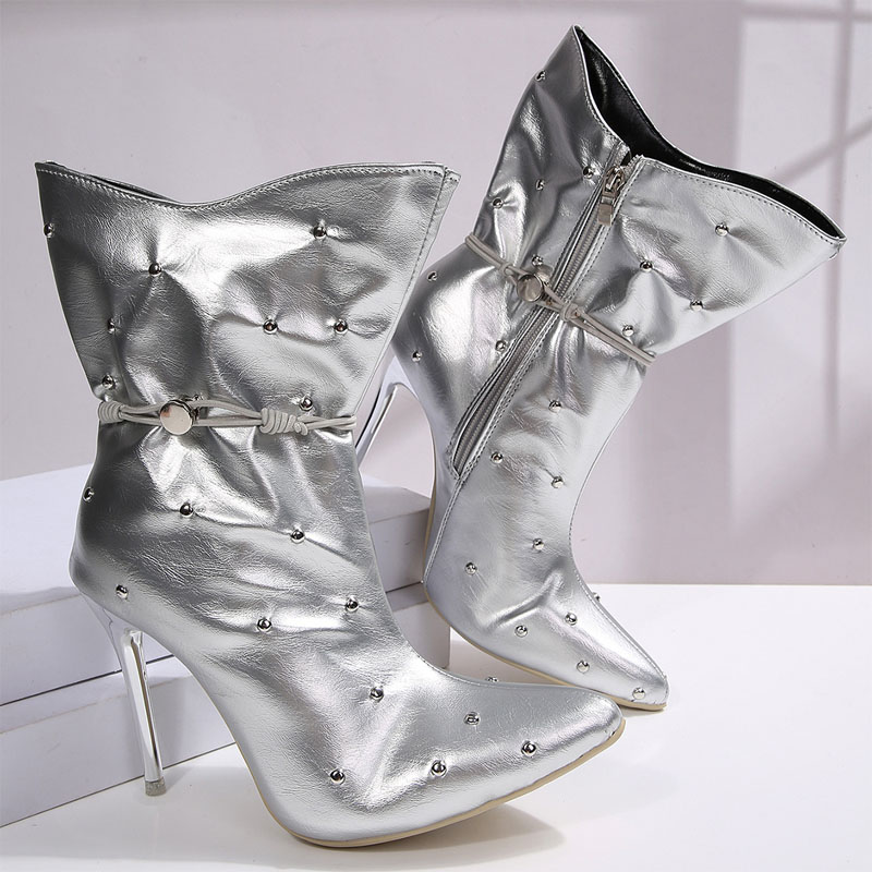Shoeswoon Shiny Metallic Upper Rivet Decor Side Zip Slim Heel Boots