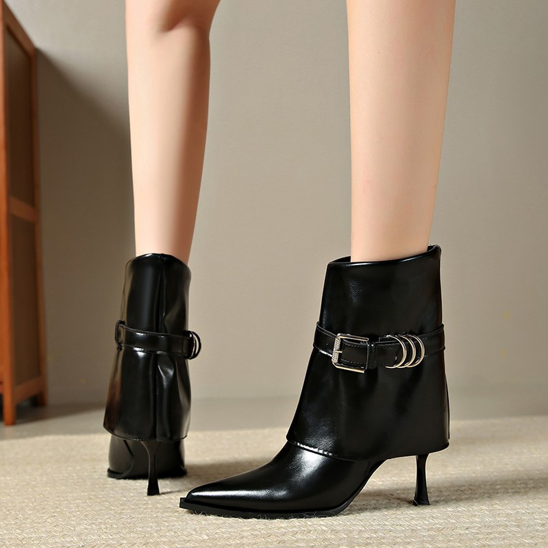 Shoeswoon Fold Over Buckle Strap Pointed Toe Stiletto Ankle Boots
