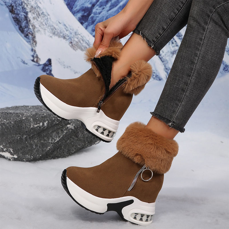 Shoeswoon Faux Fur Trim Side Zip Wedge Chunky Sole Boots