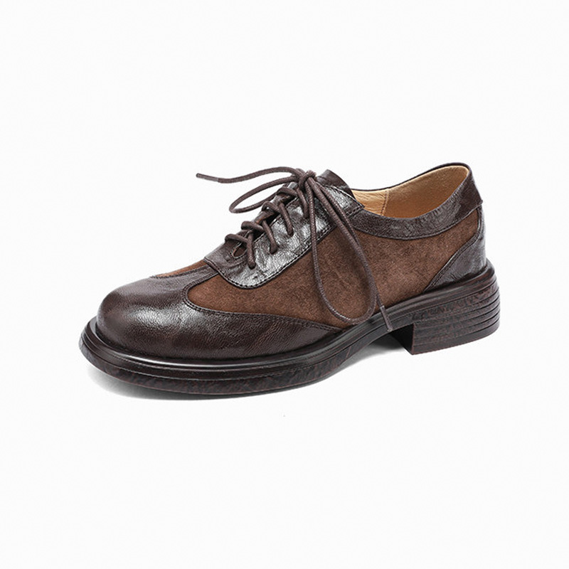 Shoeswoon Vintage Mixed‑Material Brogue Round Toe Lace‑Up Chunky Sole Women Retro Oxfords