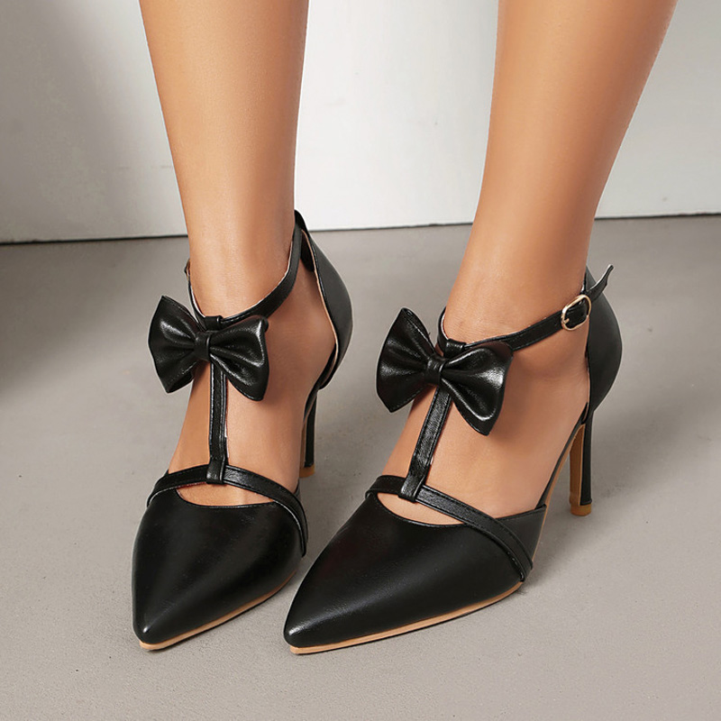 Shoeswoon T‑Strap Bow Ankle Strap Pointed Toe Stiletto Wedding Pumps