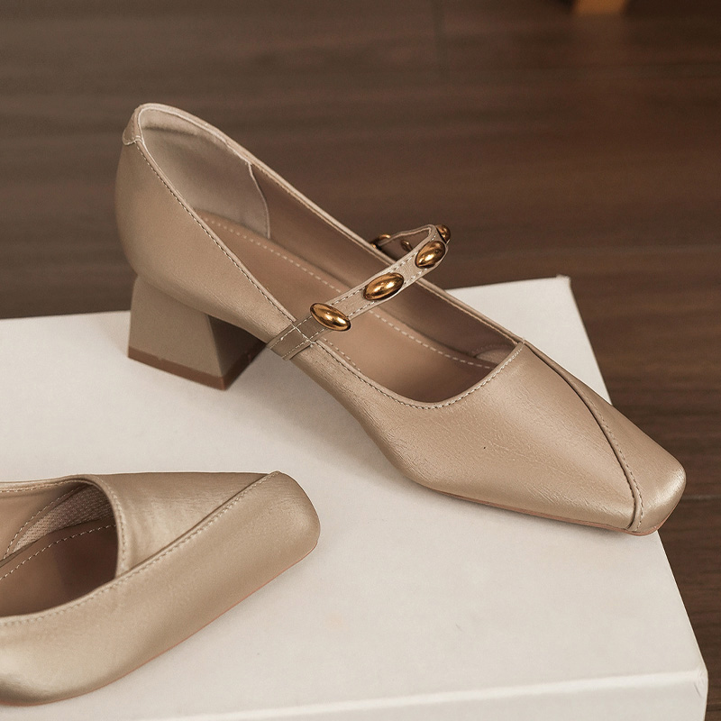 Shoeswoon Gold Metal Bead Strap Square Toe Block Heel Mary Jane Pumps