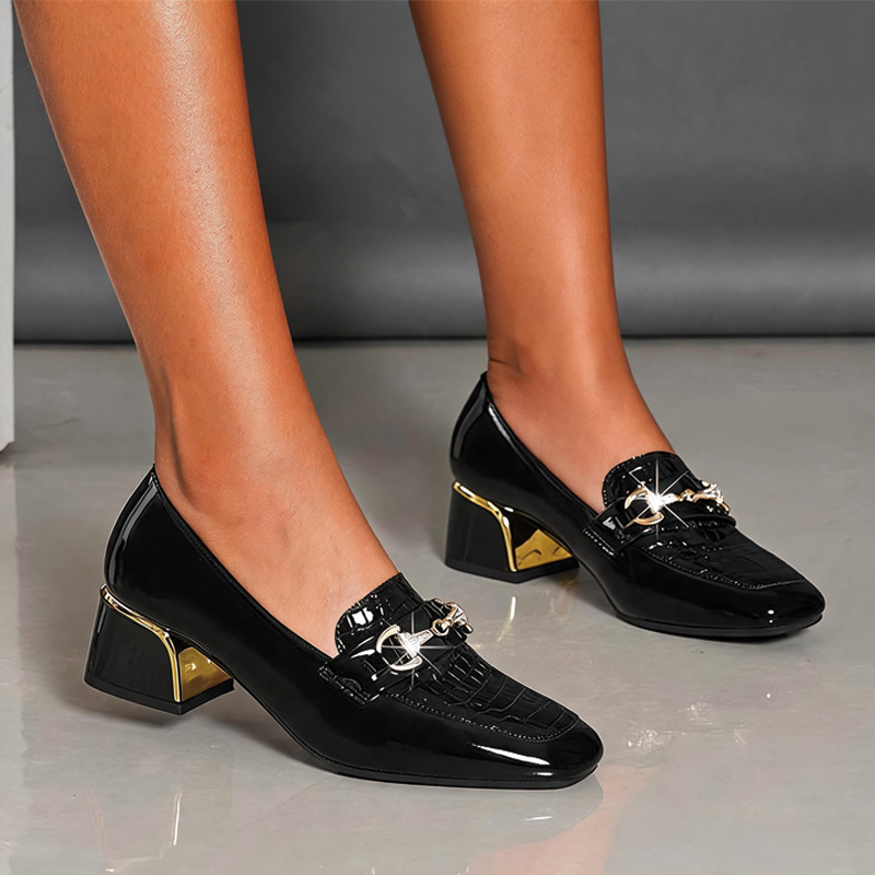 Shoeswoon Elegant Croc Embossed Rhinestone Metal Accent Block Heel Loafers