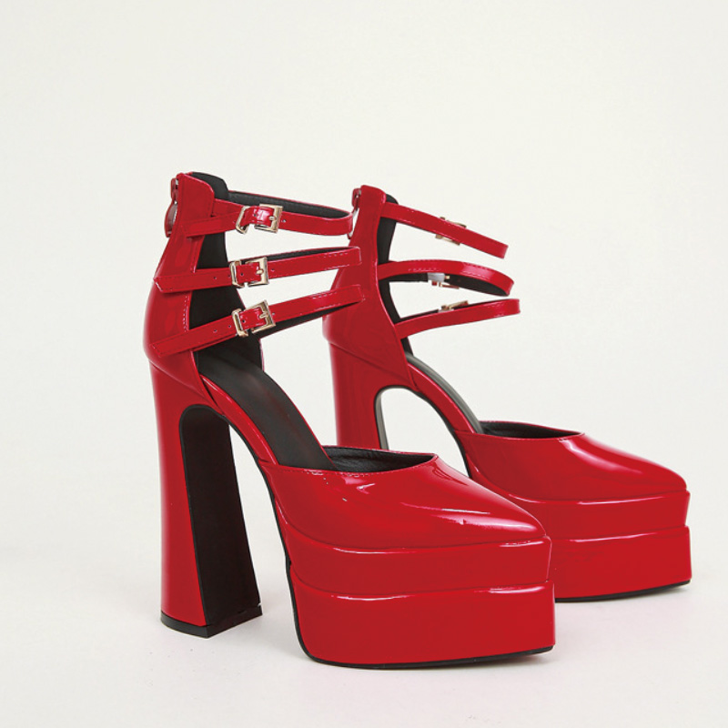 Shoeswoon Patent Triple Ankle Strap Double Platform Block Heel Pumps