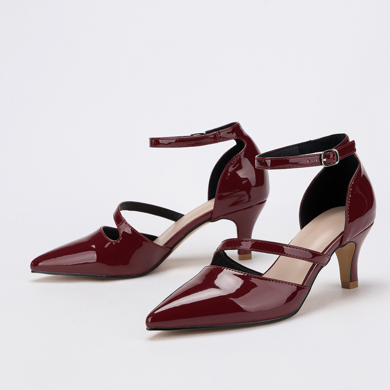 Shoeswoon Double Strap Pointed Toe Kitten Heel Ankle Strap Pumps