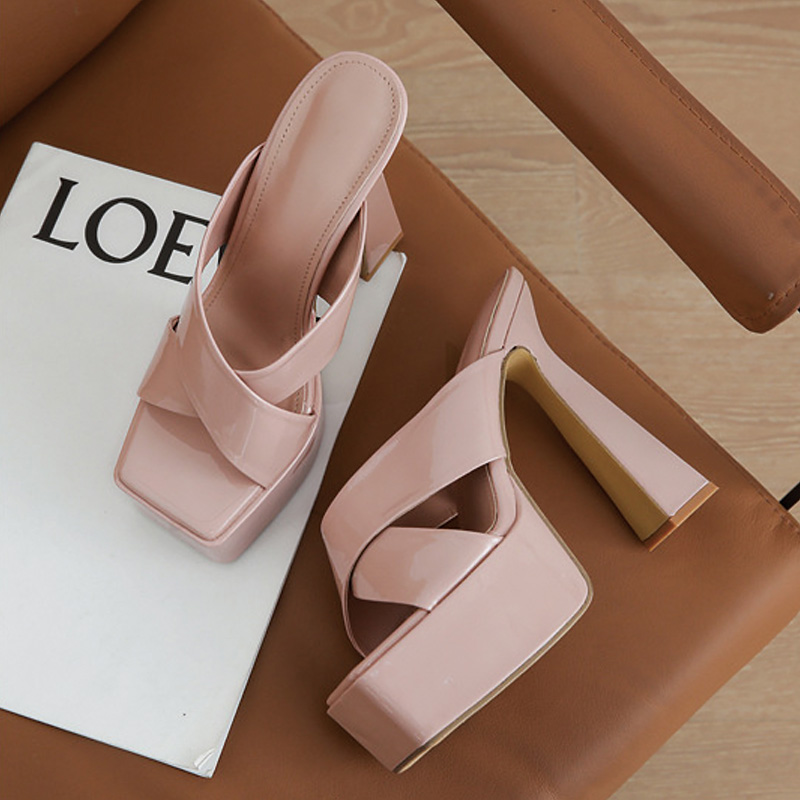 Shoeswoon Crisscross Strap Slip On Platform Flare Heel Mules