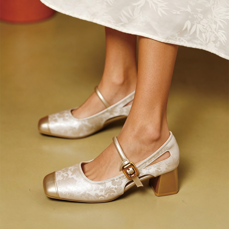 Shoeswoon Square‑Toe Side Cut‑Out Mary Jane Pumps Vintage Jacquard Dress Heels