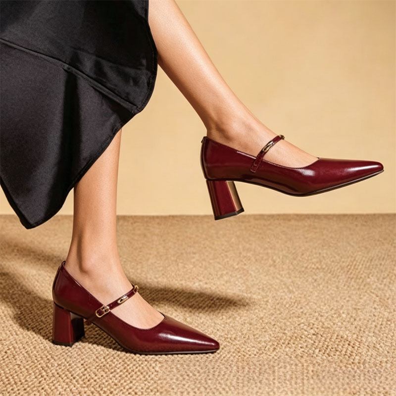 Shoeswoon Pointed‑Toe Mary Jane Pumps Minimal Metal‑Accent Strap Heels