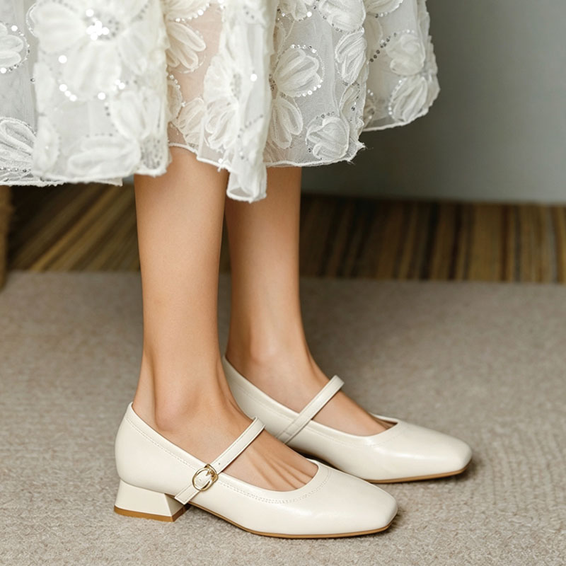 Shoeswoon Soft Leather Mary Janes Adjustable Buckle Instep‑Strap Low Heel Daily Shoes