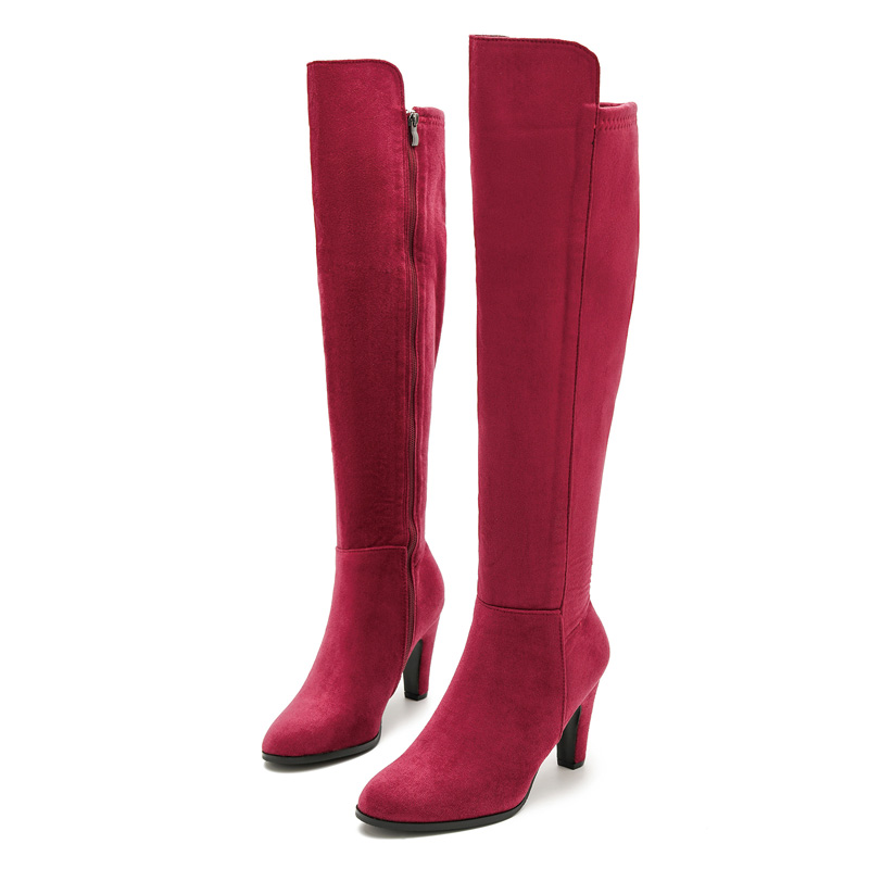 Shoeswoon Suede Round‑Toe Block Heel Side‑Zip Knee‑High Boots
