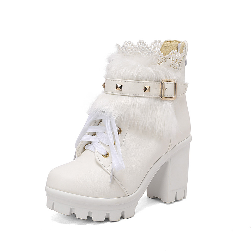 Shoeswoon Studded Buckle Fur Trim Ankle Booties Lace‑Up Platform Block Heel