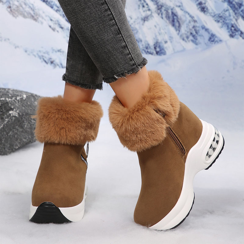 Shoeswoon Faux Fur Trim Side Zip Wedge Chunky Sole Boots
