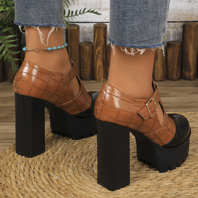 Shoeswoon Cap Toe Croc Print Side Cutout Chunky Platform Heels