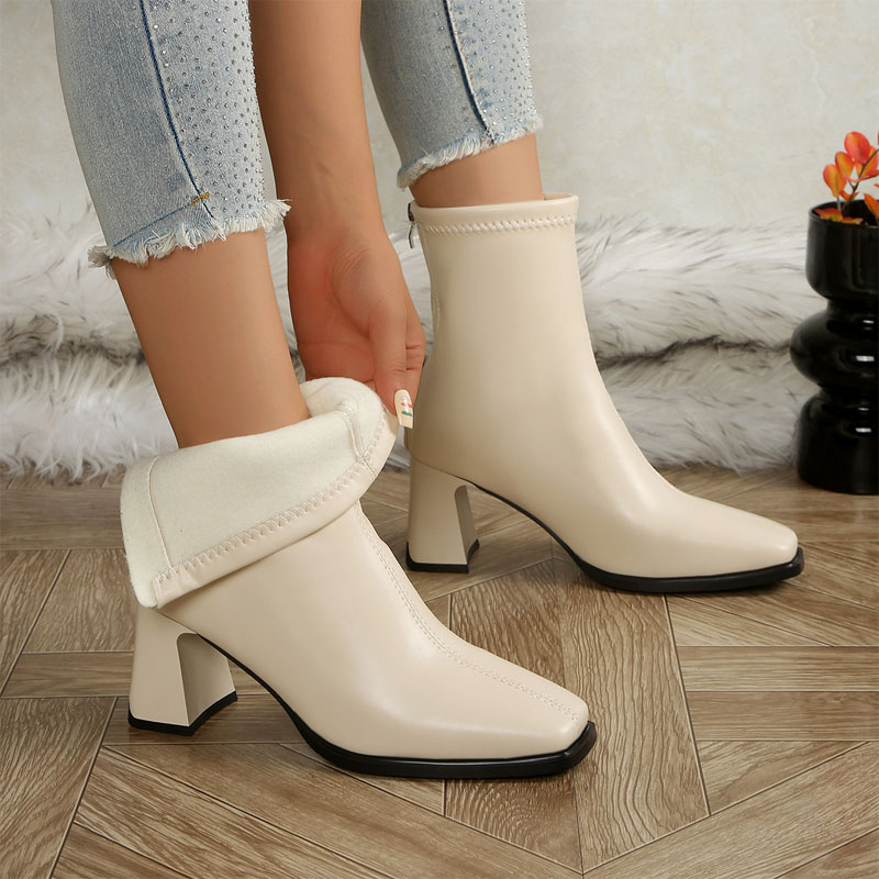 Shoeswoon Elegant Square Toe Flared Chunky Heel Rear Zipper Ankle Boots