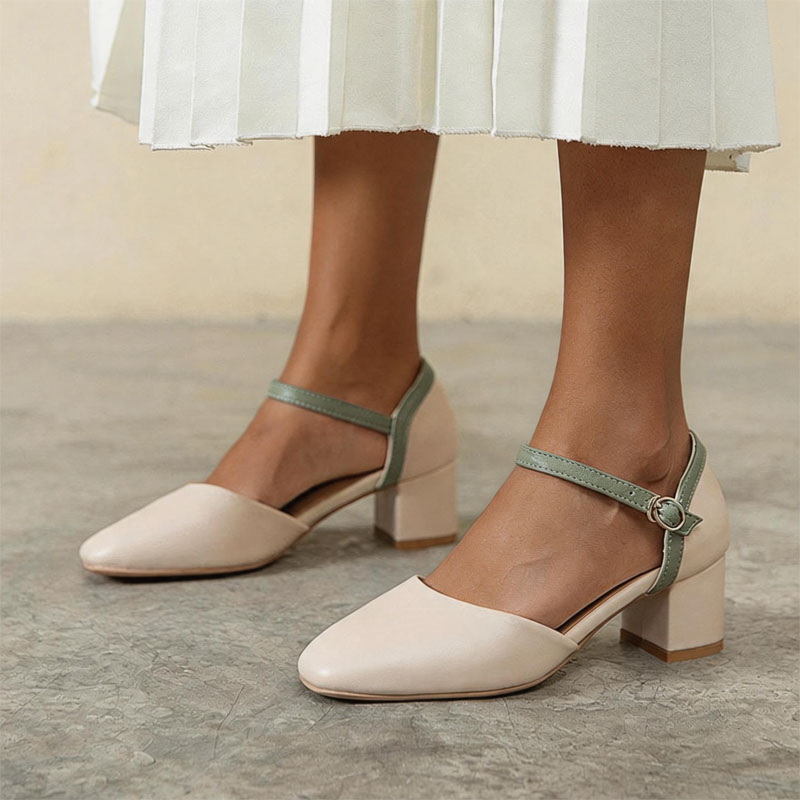Shoeswoon Retro Color‑Block Ankle‑Buckle Mid Block‑Heel Mary Janes