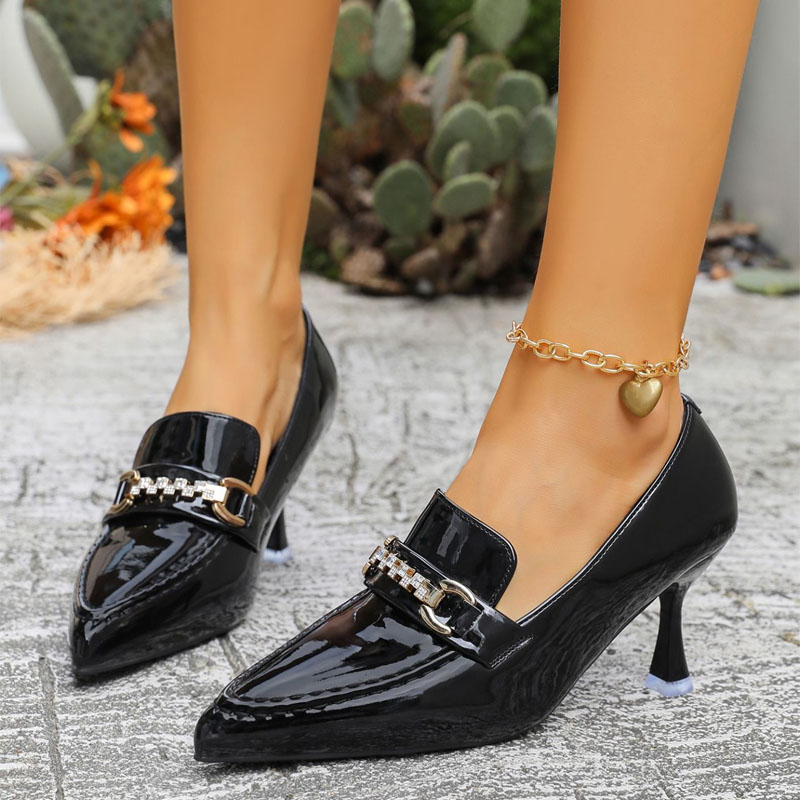 Shoeswoon Pointed Vamp Rhinestone Metal Buckle Patent Sculpted High Heels