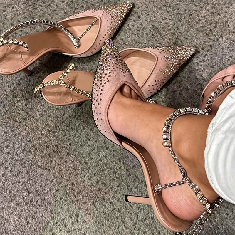 Shoeswoon Nude Mesh Rhinestone Slingback Pointed Toe Stiletto High Heel Pumps