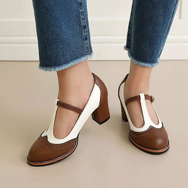 Shoeswoon Round Toe Retro Saddle T‑Bar Mary Janes Mid Block Heel