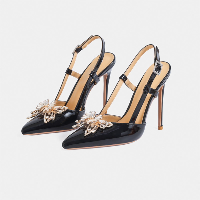 Shoeswoon Rhinestone Bow Pointed Toe Slingback Stiletto Pumps