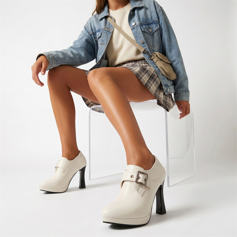 Shoeswoon Monk Strap Platform High Heel Booties Flare Heel