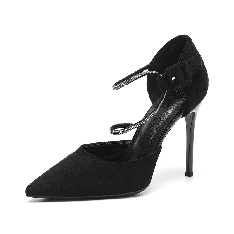 Shoeswoon Suede Two‑Row Crystal Ankle Strap Cutout Stiletto High Heels