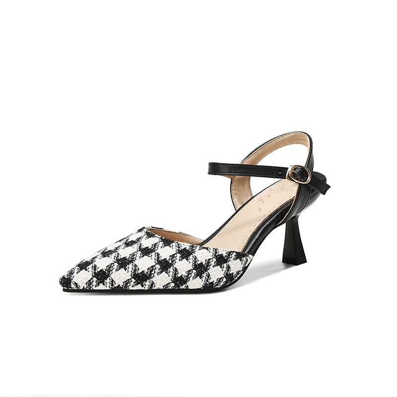 Shoeswoon Plaid Fabric Slingback Heels Ankle Buckle Strap Heels