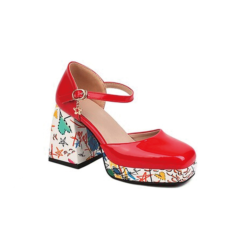 Shoeswoon Square Toe Ankle Strap Platform Heels Printed Chunky Block Heel