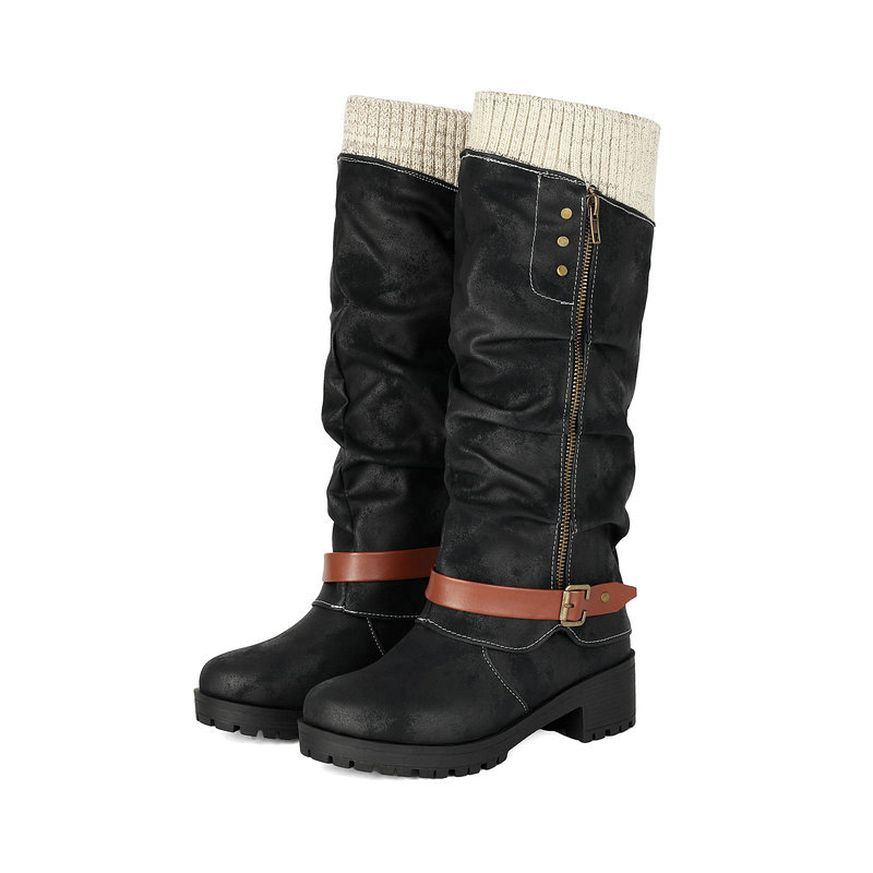 Shoeswoon Knit Cuff Buckle‑Decor Side‑Zip Platform Block Heel Knee‑High Boots