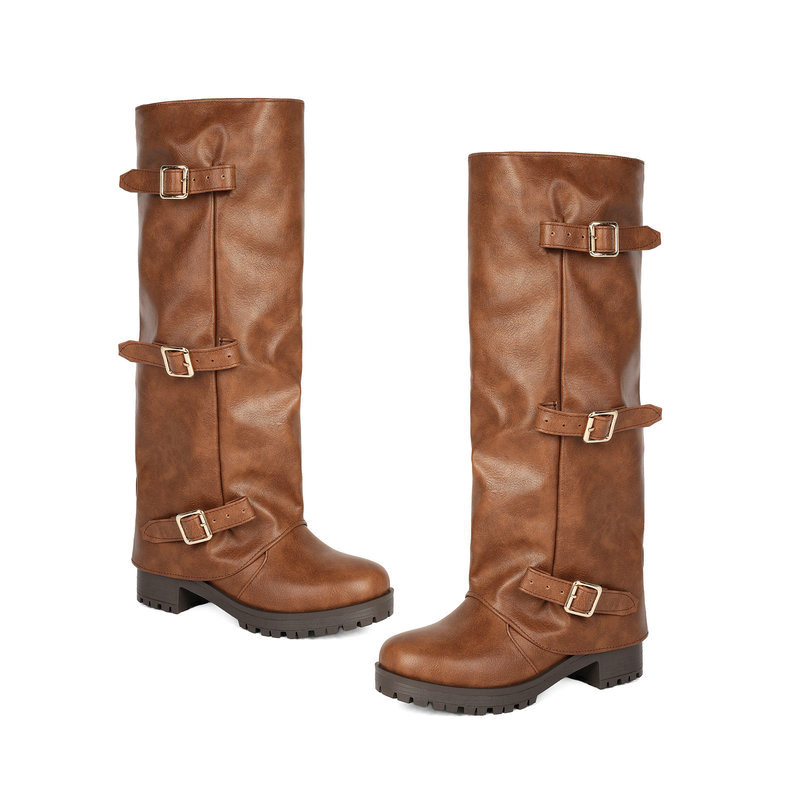 Shoeswoon Vintage Ruched Shaft Metal Buckle Platform Knee‑High Boots