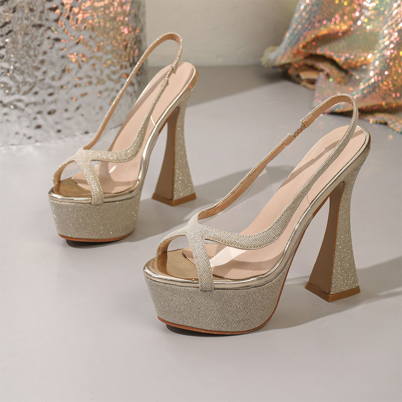 Shoeswoon Glitter Platform Slingback High Heels Peep Toe Crisscross Strap Block Heels
