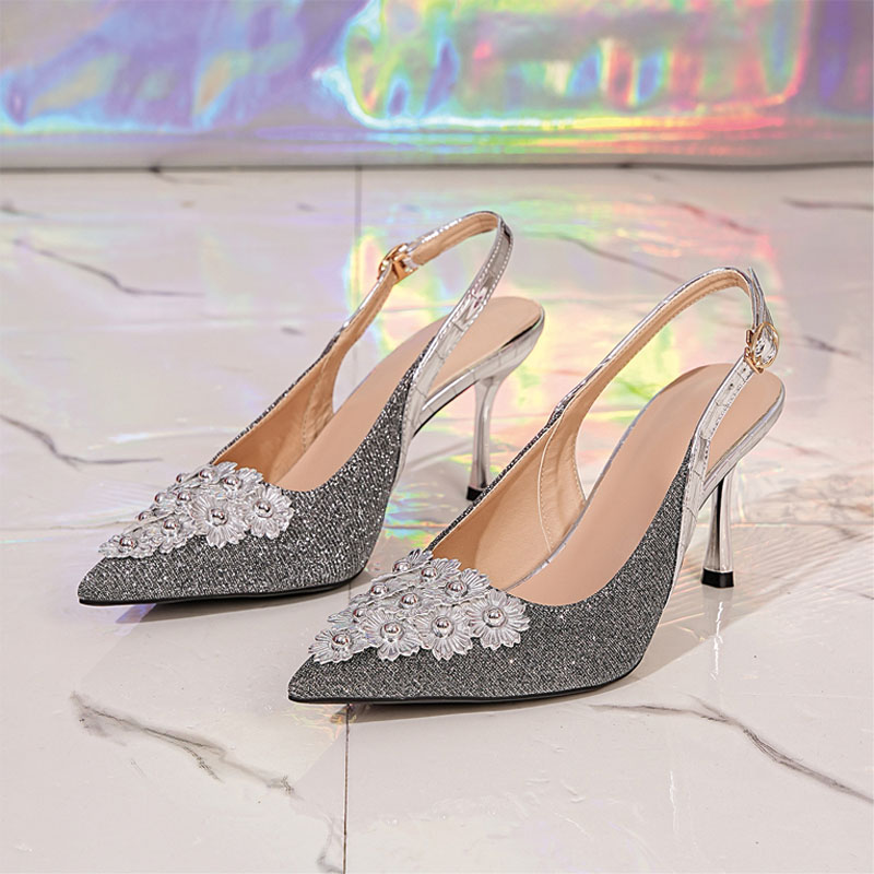 Shoeswoon Rhinestone Floral Slingback High Heels Pointed Toe Croc‑Pattern Trim Stiletto Pumps