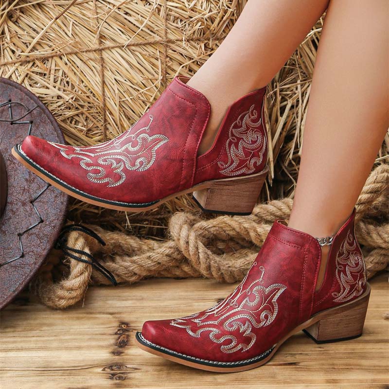 Shoeswoon Embroidery Western Ankle Booties Cut‑Out Stacked Block Heel