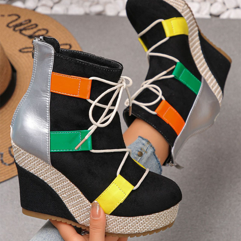 Shoeswoon Trendy Front Lace Up Textured Upper Platform Wedge Boots