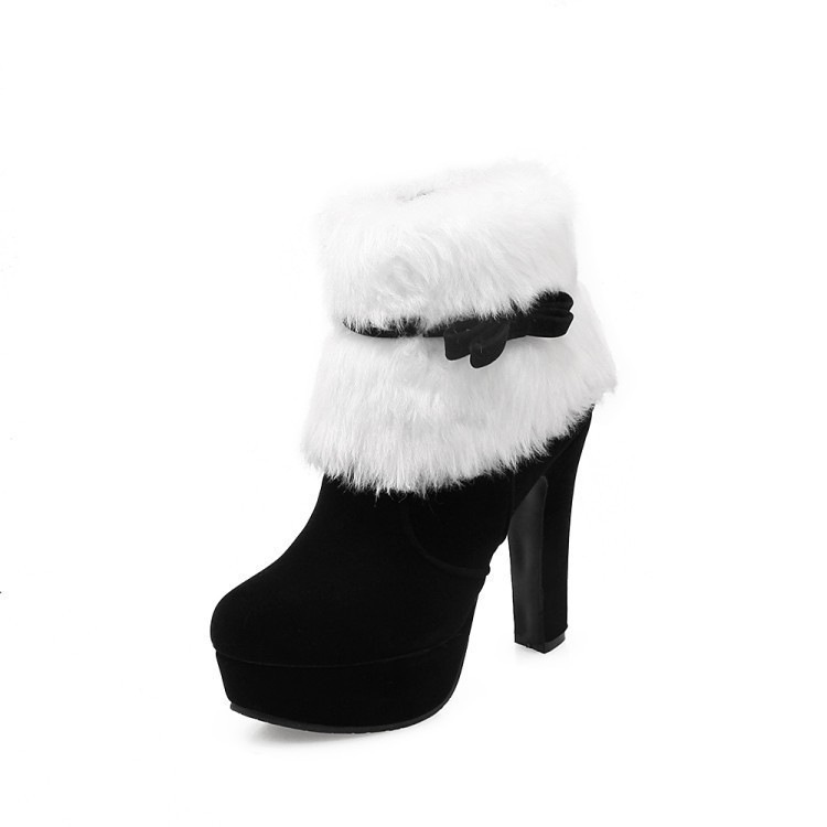 Shoeswoon Christmas Cosplay Fluffy Trim Bow Accent Platform Heel Boots