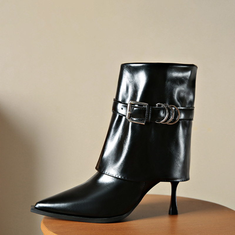 Shoeswoon Fold Over Buckle Strap Pointed Toe Stiletto Ankle Boots