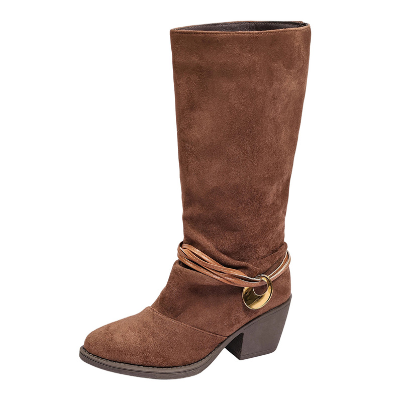 Shoeswoon Ruched Shaft Strap Decor Block Heel Mid Calf Boots