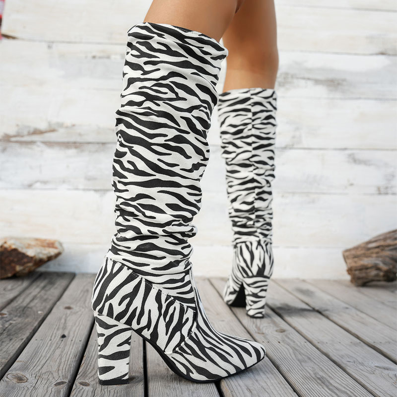 Shoeswoon Zebra Print Ruched Shaft Pointed Toe Block Heel Knee High Boots