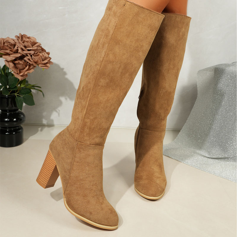 Shoeswoon Elegant Side Zipper Round Toe Chunky Wood Heel Knee High Boots